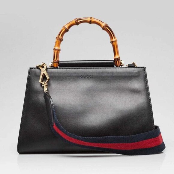 Gucci Black Smooth Calfskin Leather Nymphaea Medium Top Handle Bag - Picture 1 of 12